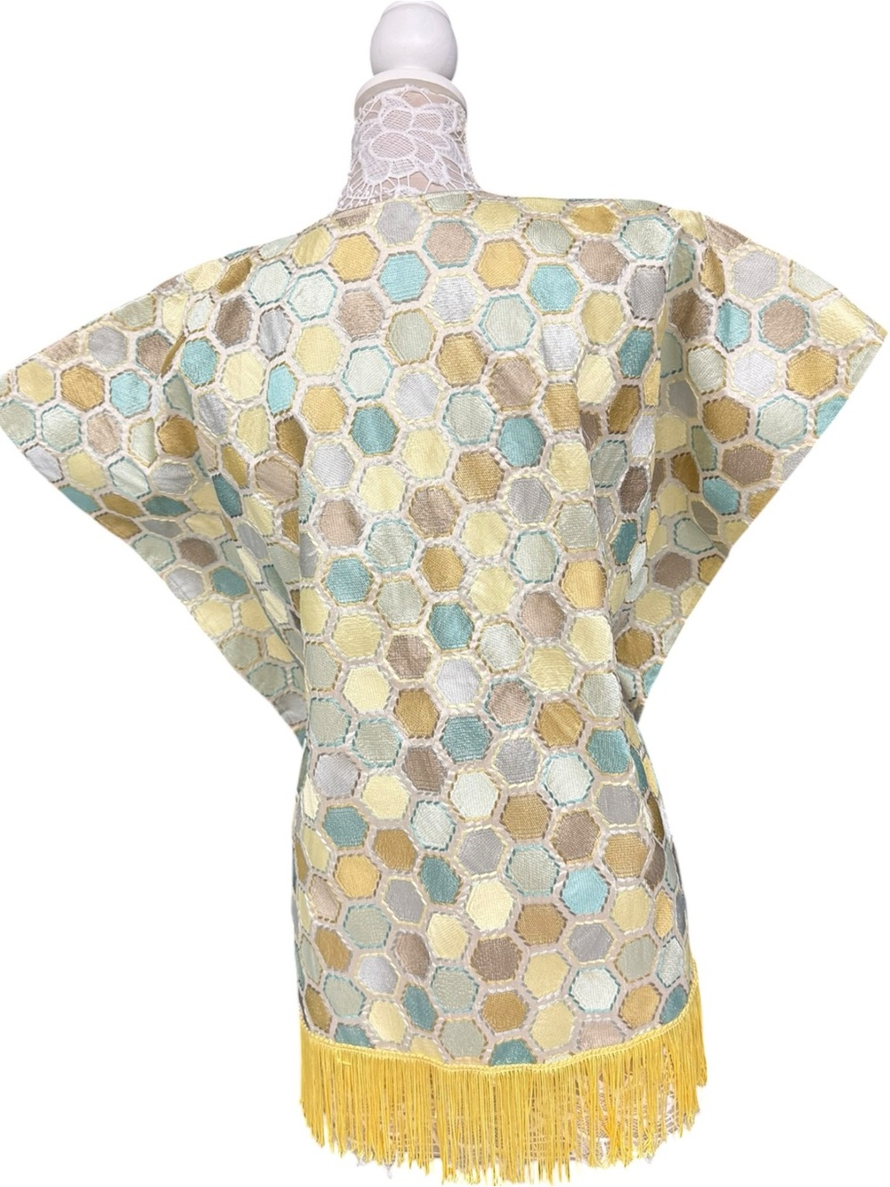 Vintage 60s Embroidered Honeycomb Hexagon Pattern Fringe Poncho Vest Boho - Picture 4 of 10